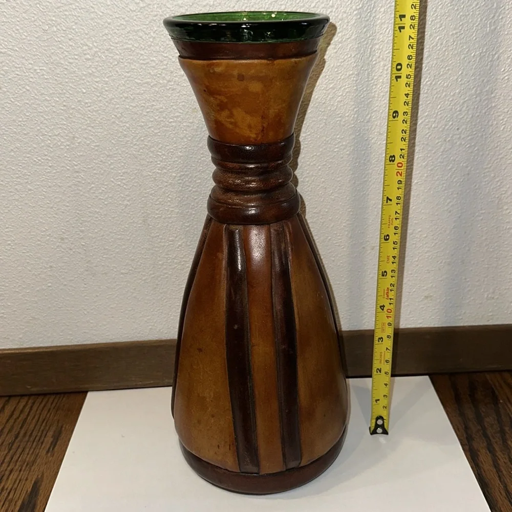 Wine Carafe Made in Italy VINTAGE Brown Leather Wrapped Green Glass 11.5”